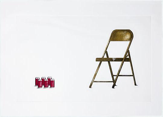 print of folding chair and some soda