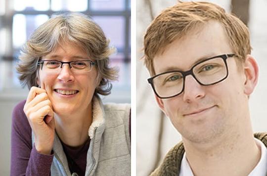 headshot of man with glasses, woman with glasses